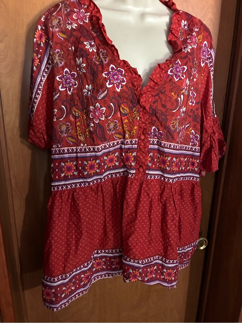 Time and Tru Red Floral Ruffled Peasant Tunic